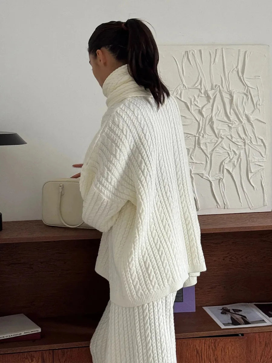 Bornladies Herbst Winter Mode frauen Neue Zopfmuster Pullover Breite Bein Hosen Set Weiche Wolle Mischung Lose Fit High Neck Pullover