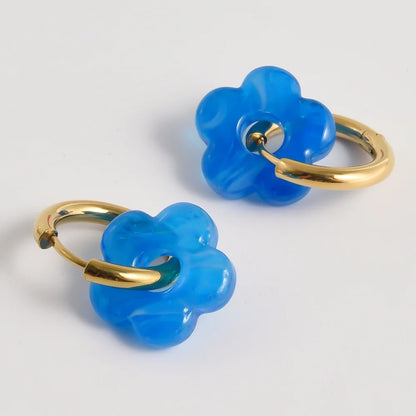 Colorful Flower Glass Drop Charms Earring Gold Color Circle Ear Buckle Hoops Stainless Steel Earrings Fashion Jewelry for Women.
