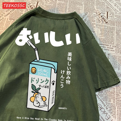 Cute Japanese Cat Print Oversized T-shirt Women Men Short Sleeve Loose Casual Tee Shirt Streetwear Tops Cotton Harajuku Clothing