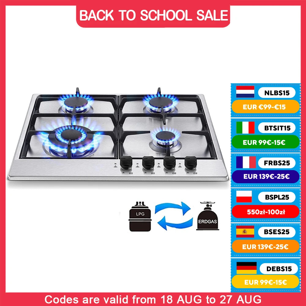TopStrong 4 Burner Stainless Built-in Stove Natural Gas Propane Gas NG/LPG Gas Hob YYEUGCT-S04.