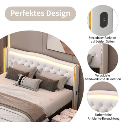 Lazyspace Diamond Embellishment Luxuriöses weißes PU-Polsterbett, Bettrahmen-Kopfteil mit bunten LED-Leuchten und USB-Anschluss