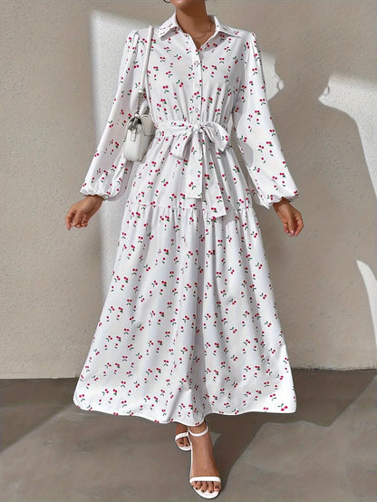 Ramadan Abaya Floral Print Button Front Dress, Casual Lantern Sleeve Dress For Spring & Fall, Women's Clothing Kebaya Kaftan.