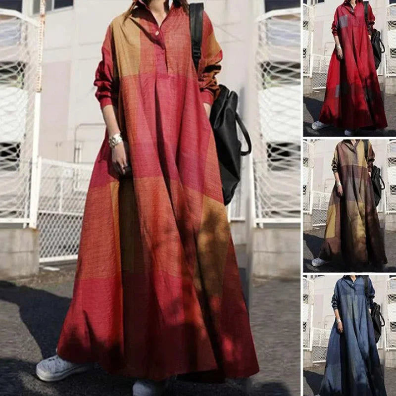 Spring Fashion Cotton Linen Dress Retro Ethnic Style Clothing Printed Loose Long Sleeve Large Swing Dress.