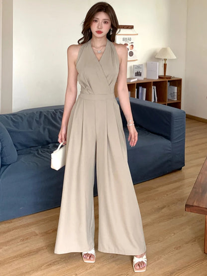 Korean Fashion Sleeveless Slim Jumpsuit For Women Office OL Elegant Sexy Backless High Waist Wide Leg Rompers 2025 New Summer.