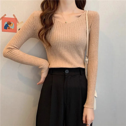 2025 einfarbig Schlank Pullover Koreanische Herbst Winter V-ausschnitt Pullover Mode Lässig Langarm Gestrickte Pullover Frauen Kleidung