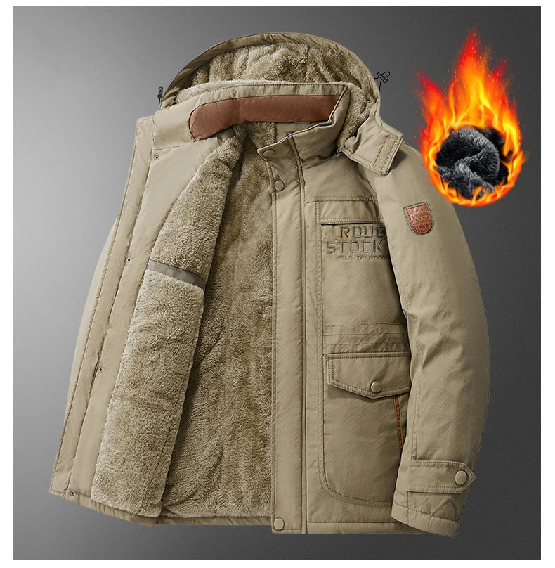 Thick Coat Winter Outdoor Running Sports Windproof Warm Fleece Hooded Cargo Jacket Men Removable Hood Thick Warm Fleece Jacket.