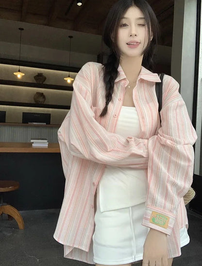 Pink Striped Shirt Women Korean Style Loose Long Sleeved Button Up Blouse Ladies Autumn New Wild Streetwear Casual Shirts 2025.