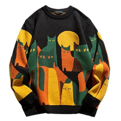 2024 Autumn Knitted Sweater Men Women Winter Harajuku Cartoon Full Cat Print Pullover Vintage Causal Loose Sweaters Streetwear.