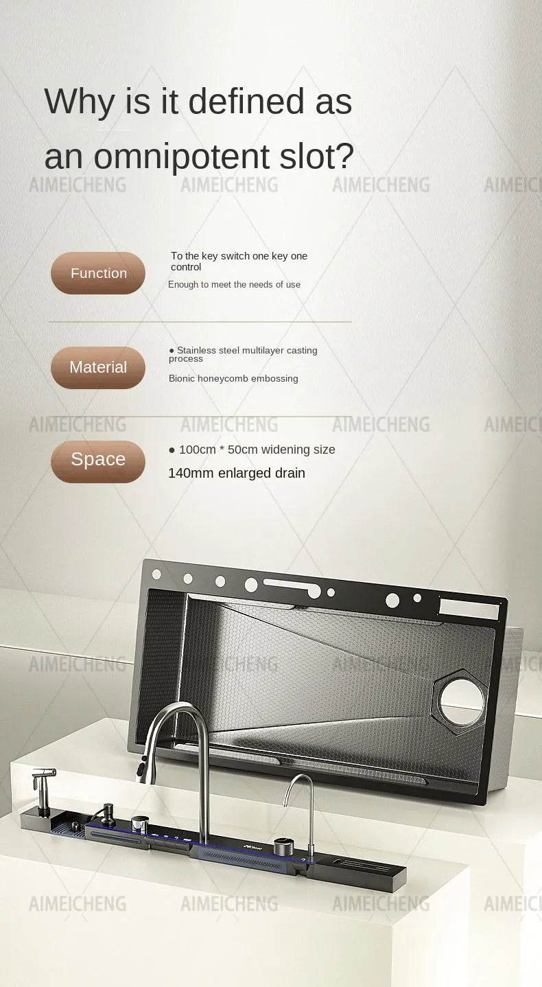 Heißer verkauf Edelstahl Wasserfall Küche Waschbecken Mit Messer Halter Digital Display Wasserhahn Set Geprägte Extra Große Einzigen Slot