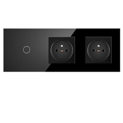 JHJCH Touch Lichtschalter Frankreich Steckdosen USB C Telefon Ladung Kristallglas 1/2/3Gang Wandschalter Doppelsteckdosen Schwarz