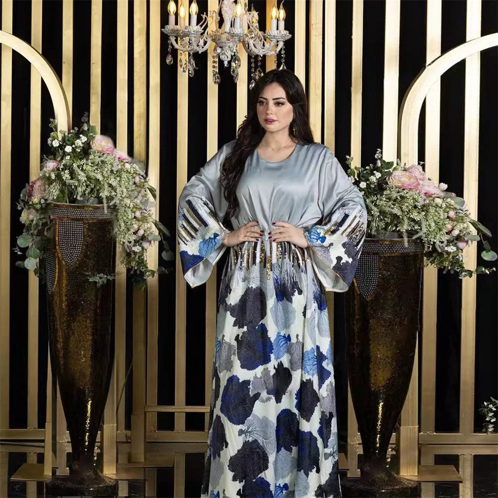 Siskakia Arab Saudi Printing Sequins Long Dresses Galabia Muslim Eid Women Abayas Islam Clothing Turkish African Kebaya 2024 New