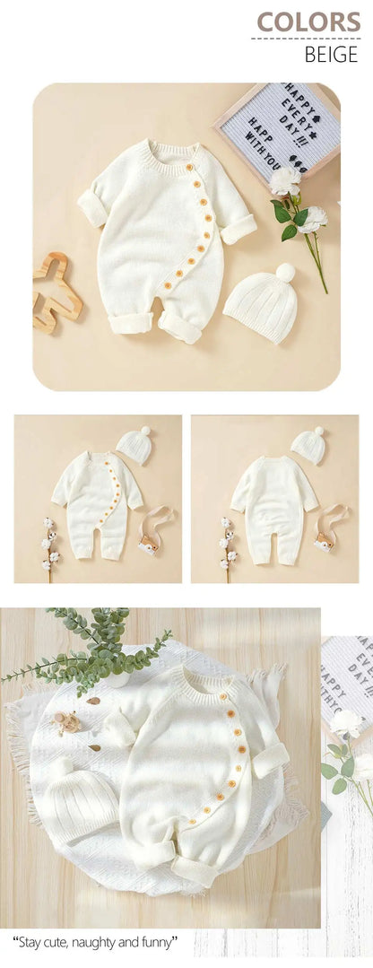 Baby Rompers Knitted Autumn Long Sleeve Newborn Boys Girls Jumpsuits Hats Outfits Sets Winter Solid Infant Netural Overall 0-18m