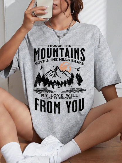 Spring Woman Cotton T-Shirts Mountains Setting Sun Printed Short Sleeve Tees Fashion Female Clothes Comfortable Soft Street Tops.