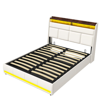 Lazyspace hydraulische Doppelbetten, modernes PU-Bettgestell mit Stauraum, gepolsterte Betten mit LED-Leuchten, Schlafzimmermöbel für Zuhause