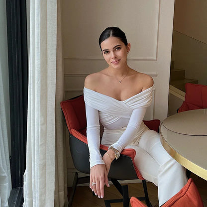 Sexy Off Shoulder Bodysuits Women Fashion Black Crossed Folds Skinny Rompers Long Sleeve Fashion Streetwear Autumn Bodysuits New.