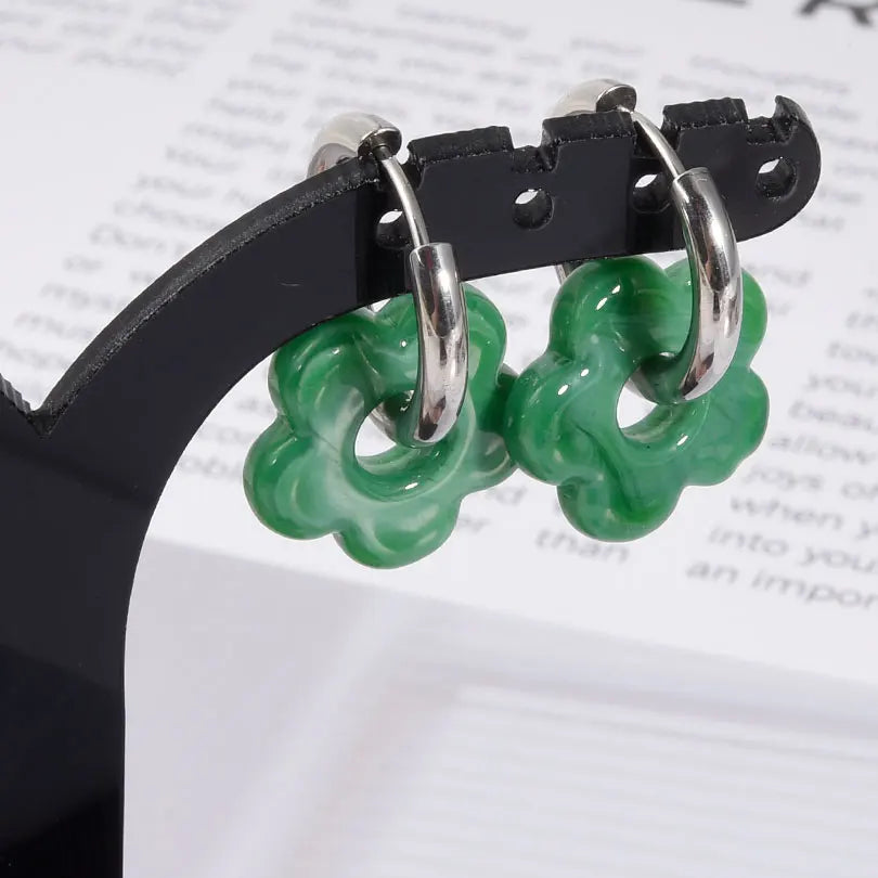 Colorful Flower Glass Drop Charms Earring Gold Color Circle Ear Buckle Hoops Stainless Steel Earrings Fashion Jewelry for Women