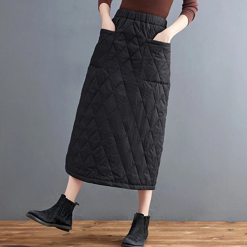 Women Winter Skirt Windproof Warm Down Cotton Skirt High Waist Quilted Cotton Padded Skirts Office Lady Elegant Skirt.