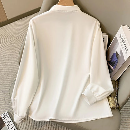 Loose Long Sleeve V-Neck Work Shirt for Women Plus Size Women's Blouses Fashion Versatile Autumn Bow Tops Trendy Business Shirts.