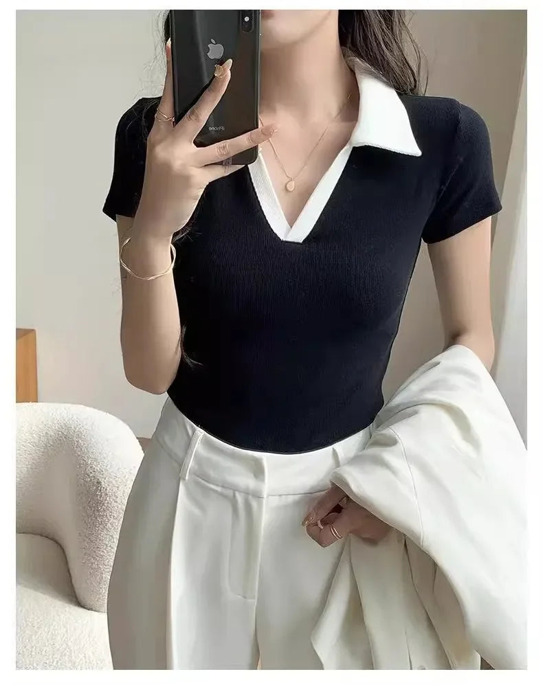 Chic Polo Collar Short Sleeve T-Shirt Women Summer New Design Unique Flip Collar Top Cotton Regular Sleeve Crew Neck T-shirt.