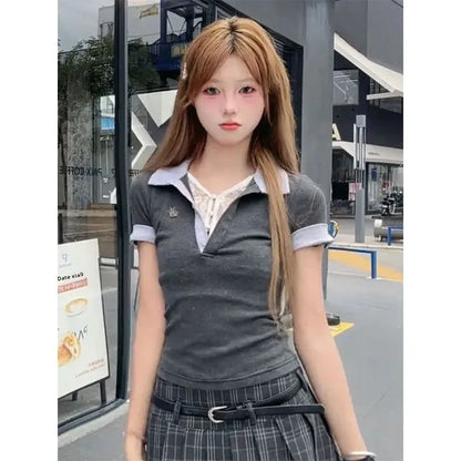 Slim Fit Short Sleeve Polo Neck T-Shirt Women's Summer Fashion Two-Piece Set Heavy Industry Korean Style Spicy Girl Top.