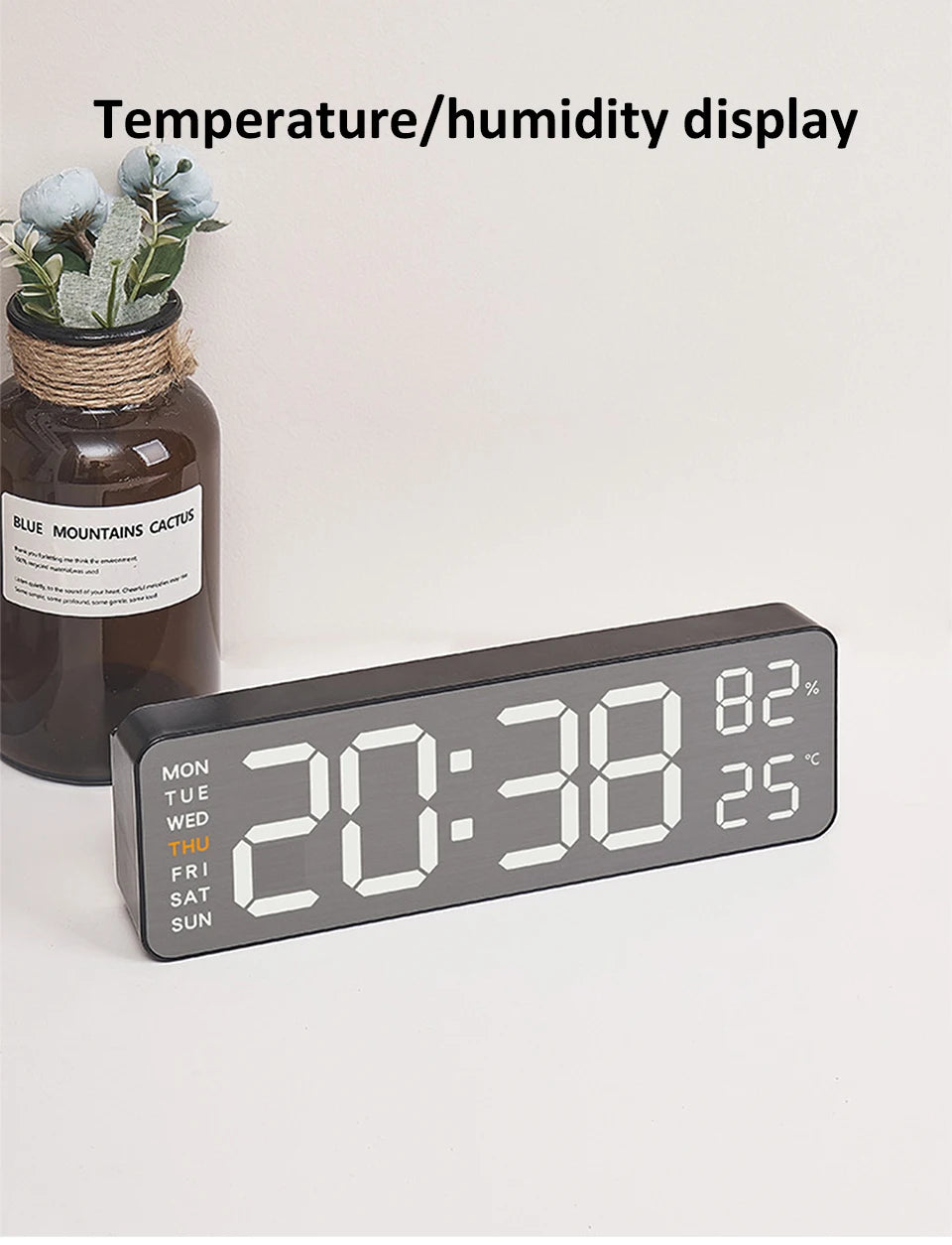 Wanduhr mit Spiegel-Bürsten-Finish, Premium-Gefühl, geräuschlos, Wanduhr, Tischwecker, Temperaturanzeige, Schlafzimmer, Büro, Wohnzimmer, Dekoration