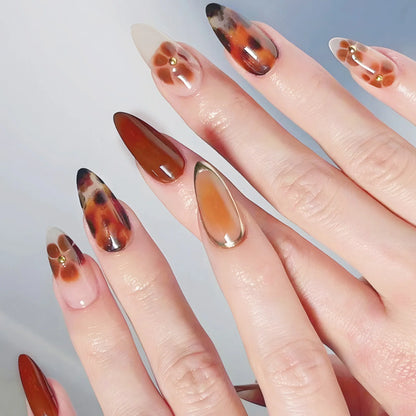 24pcs Brown French Leopard Print Press On Nails Stereo Pink Flower Designs Autumn False Nails Sweet Cool Almond Fake Nail Tips.