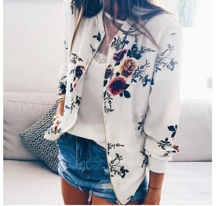 Women Elegant Zipper Bomber Jacket Spring Autumn Floral Printed Jackets Office Wear Slim Office Coat Retro Outwear.