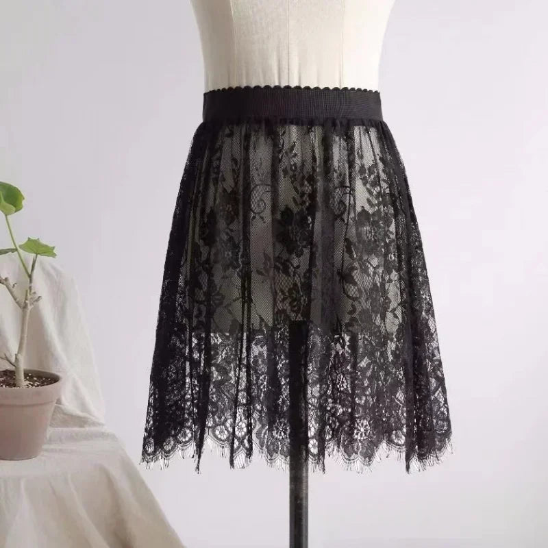 2 Length Elegant Black Skirt White Lace Transparent Long Tulle Skirt Ladies Elastic High Waist Beach Midi Skirt Drop shipping.