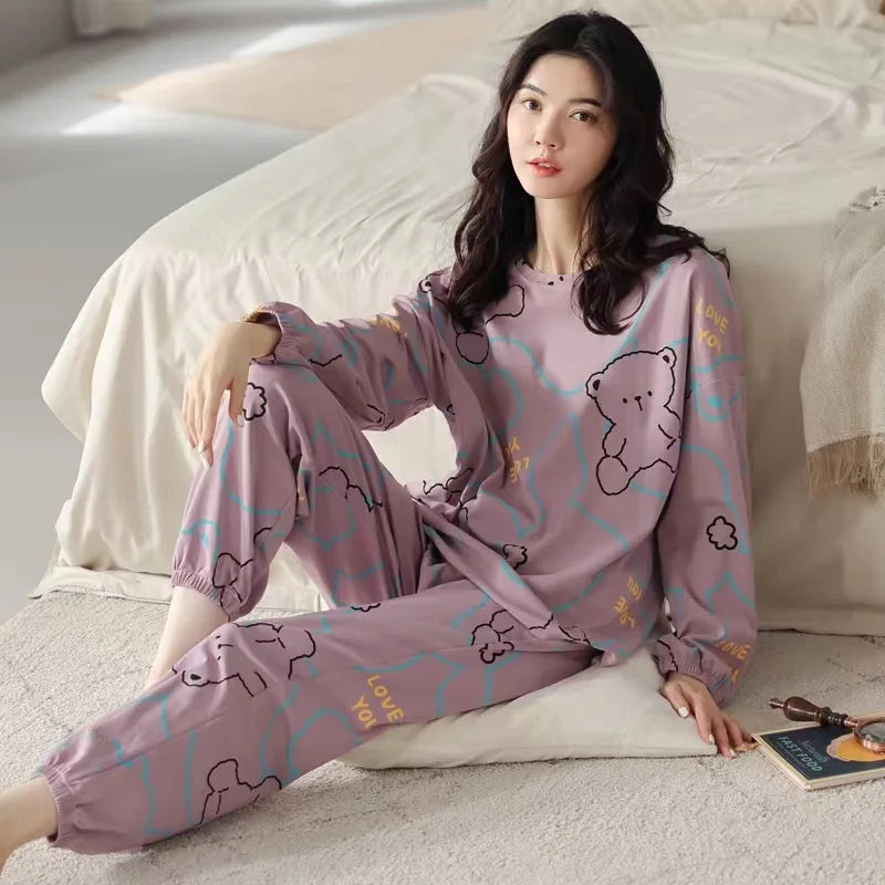 Gebündelte Füße Pyjama Frauen Frühling Herbst Langarm Terylen Baumwolle Frauen Herbst-Winter Plus-Size-Freizeit Herbst Home Wear Set.