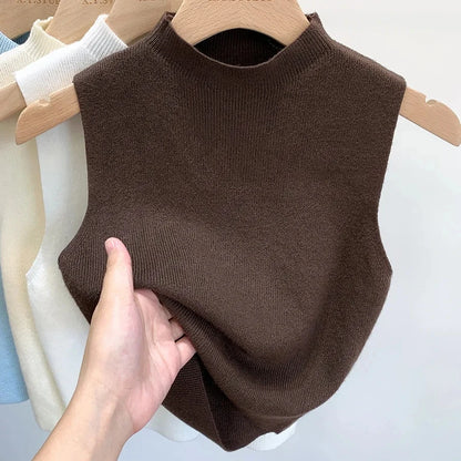 Frühling Herbst Temperament Gestrickte Pullover Weste frauen Hälfte-rollkragen Leibchen Cropped Top Ärmelloses Tank Top
