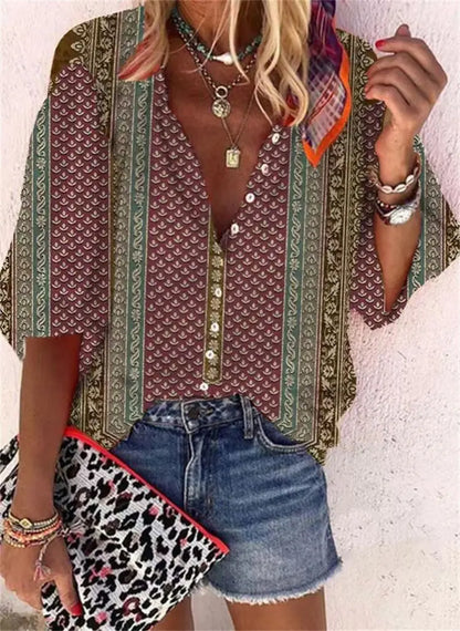 2024 New Women's Shirts & Blouses Fashion Vintage Printed Casual Vacation Bohemian Style Lady Single-breasted Shirt Streetwear