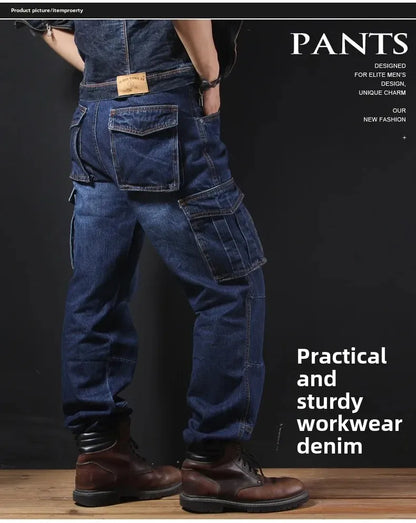 Men's Autumn/Winter Multi-Pocket Straight-Leg Cargo Pants Loose Fit Plus Size Plus Beefy Jeans Casual Comfortable Denim Trousers.