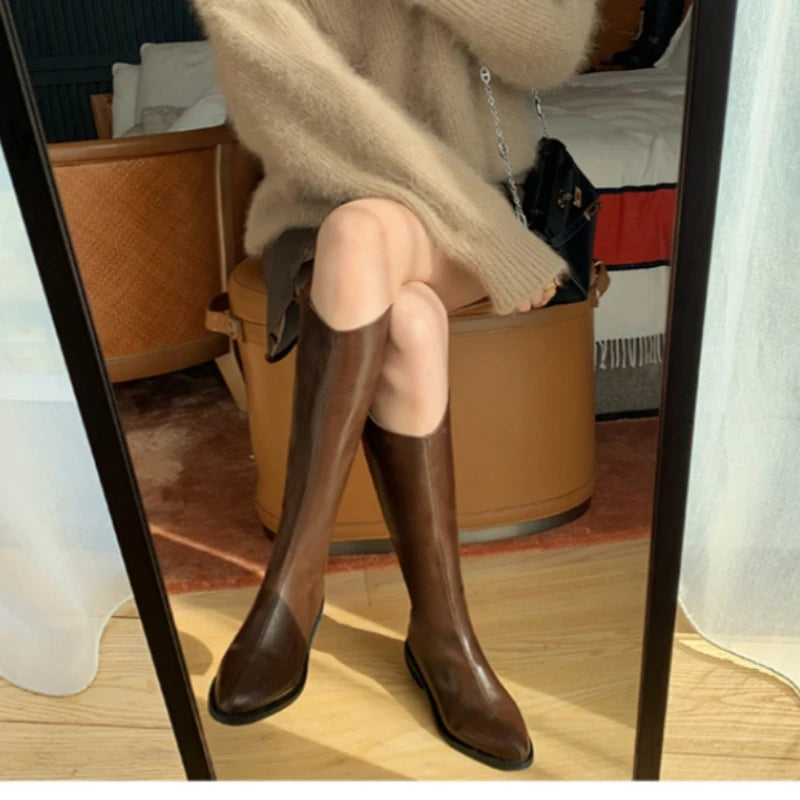 Winter New Pointy Mid-heel Knee-high Boots Back Zipper Solid Color Heightening Car Stitch and Velvet Fashion Elegant High Boots.