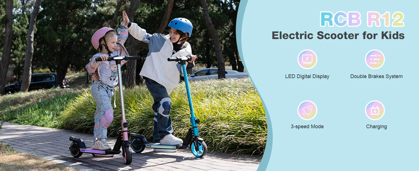 RCB R12 Electric Scooter for Kids Age 6-12, Colorful Lights, 6.5" Foldable E Scooter, LED Display, Lightweight Electric Scooter.
