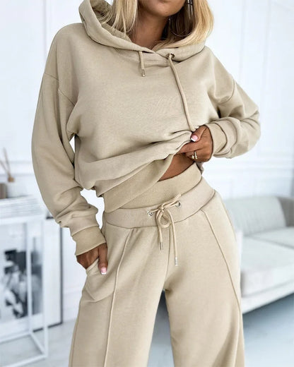 2024 Spring Autumn New Loose Sports Suit Women Long Sleeve Hooded Sweatshirt Drawstring High Waist Pocket Wide Leg Pants Suit.