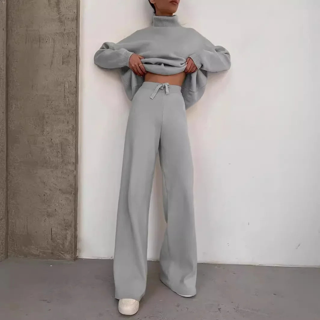 Autumn and Winter Women's New Knitted Fashion Casual Suit Two-piece High-neck Long-sleeved Top + Drawstring Wide-leg Pants Y2k.