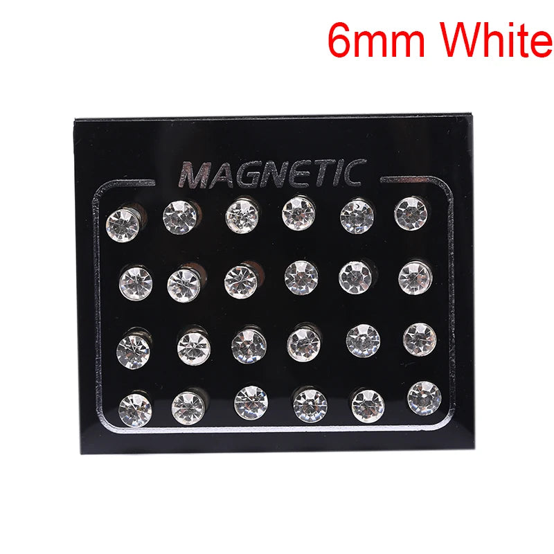 12 Pair(24pcs)/lot 3/4/5/6/7mm Round Crystal Rhinestone Magnet Stud Earring Punk Womens Mens Magnetic Fake Ear Plug Jewelry.