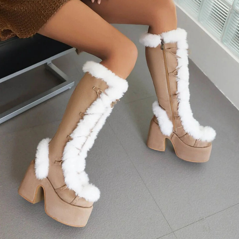 GIGIFOX Fur Super Chunky High Heel Platform Mid-Calf Boots For Women Faux Suede Round Toe Side Zipper Lace-Up Warm Casaul Boots.