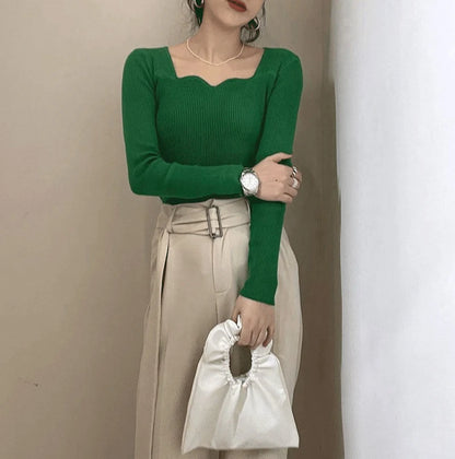 Gestrickte Pullover Frauen Vintage Solide Pullover Herbst Winter Koreanische Elegante Dünne Strickwaren Quadrat Kragen Alle Spiel Jumper Neue