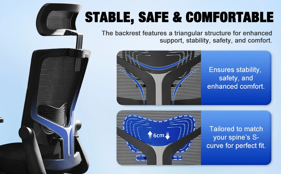 AUTHMIC Ergonomischer Bürostuhl aus Netzstoff, verstellbarer, drehbarer Computer-Schreibtischstuhl mit Liegestuhl 90er ° -135 Lordosenstütze für das Heimbüro