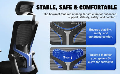 AUTHMIC Ergonomischer Bürostuhl aus Netzstoff, verstellbarer, drehbarer Computer-Schreibtischstuhl mit Liegestuhl 90er ° -135 Lordosenstütze für das Heimbüro