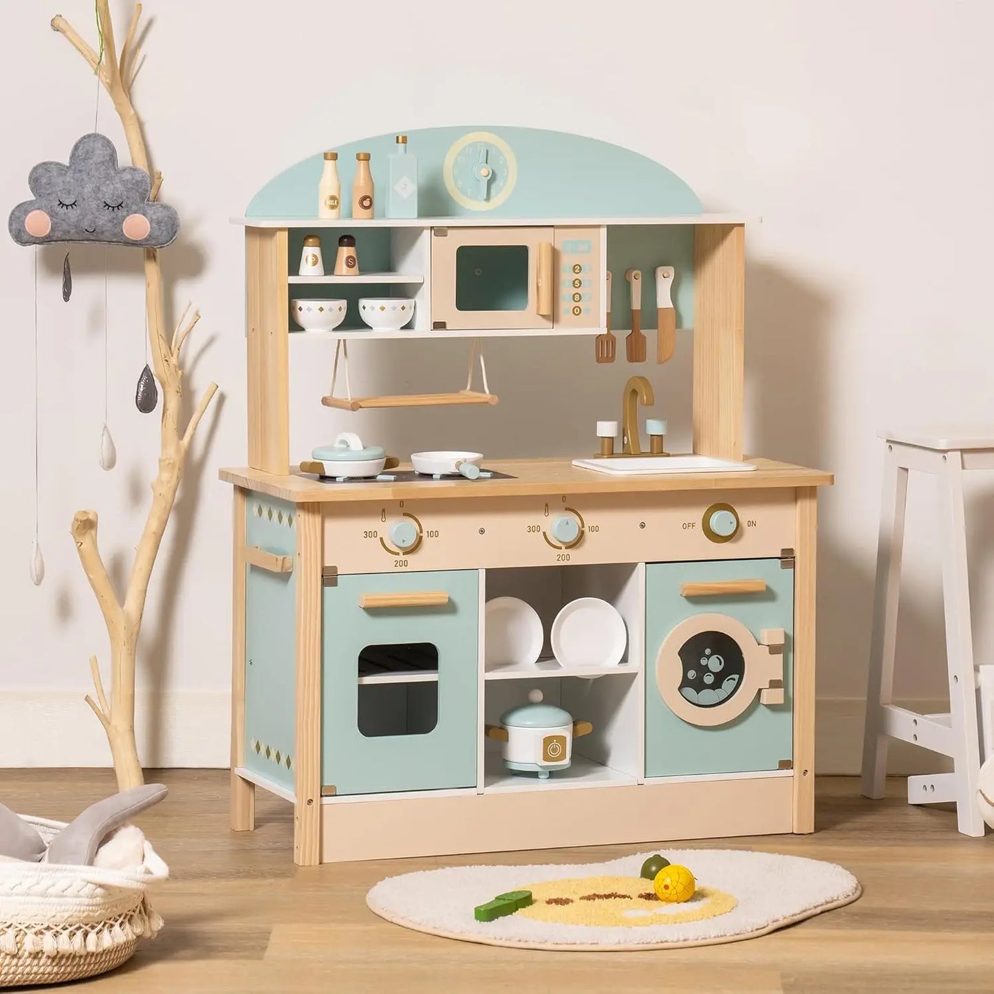 Robotime Robud Wooden Kitchen for Kids Play Kitchen with Plenty of Play Features Toddler Kitchen Set Gift for Girls Boys 3+.