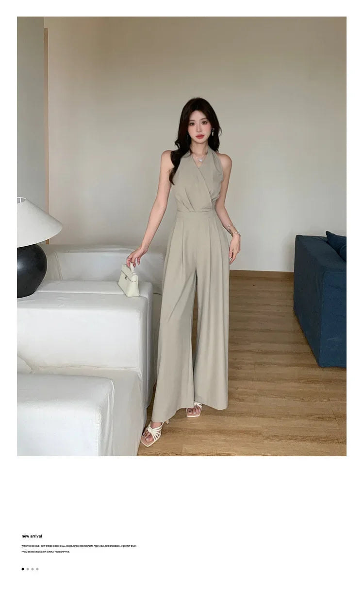 French Vintage Polyester Halter One-Piece Pants Women's Summer Business Commute High Waist Slimming Versatile Suit Long Pants.