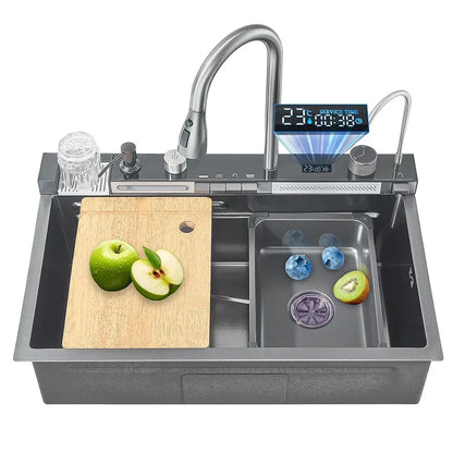 Multifunktionales, intelligentes Wasserfall-Küchenspülbecken aus Edelstahl mit integriertem Digitalanzeige, großes Küchenspülbecken mit einem Schlitz
