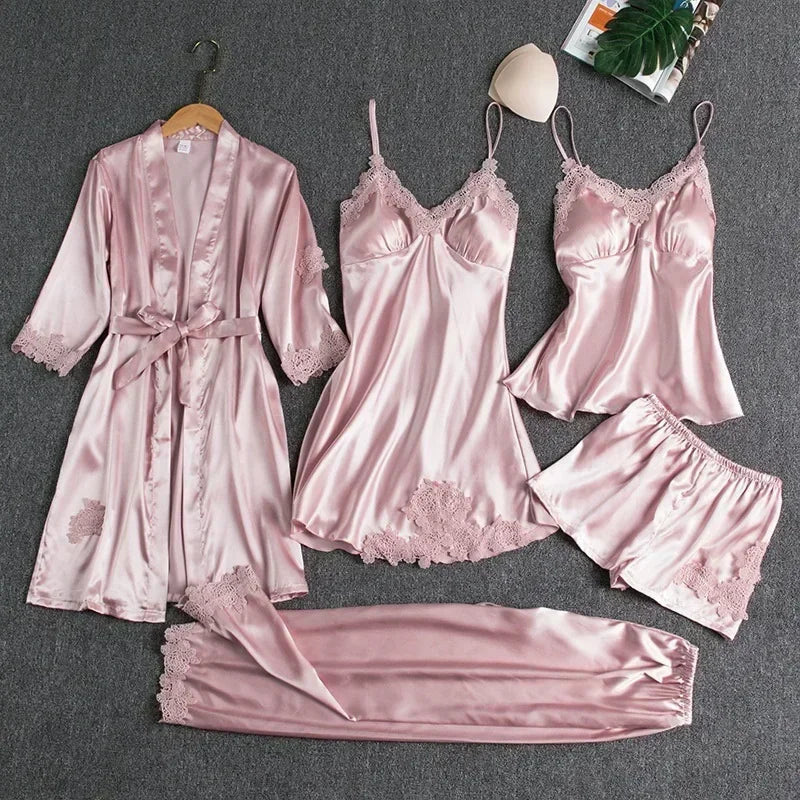 5-teiliges Set Damen-Nachtwäsche, sexy Seiden-Nachthemd, Spitzen-Satin-Nachthemd, Weste mit V-Ausschnitt, atmungsaktiv, bequemes Damen-Nachthemd