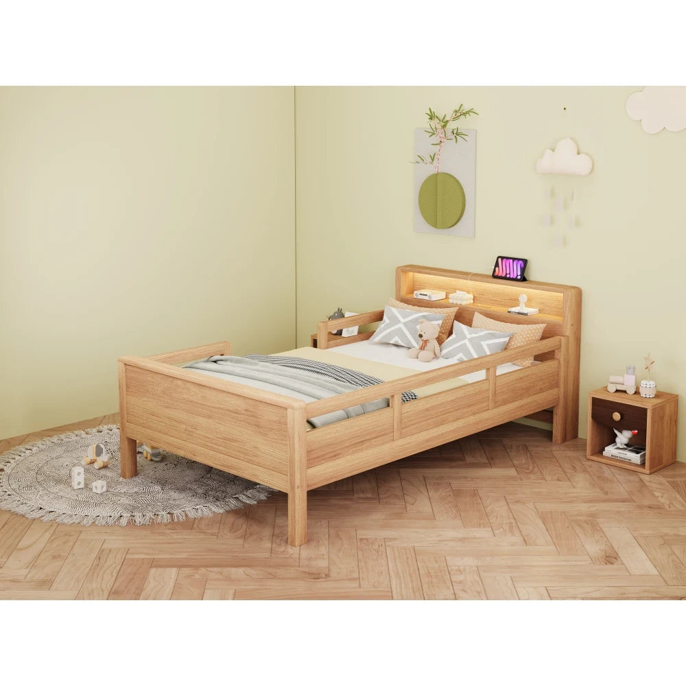 Multifunktions-Holzbett, USB- und Tape-C-Kombinationssteckdose, kleines LED-Licht, Kopfteil mit Einlagerfunktion, Einzelbett