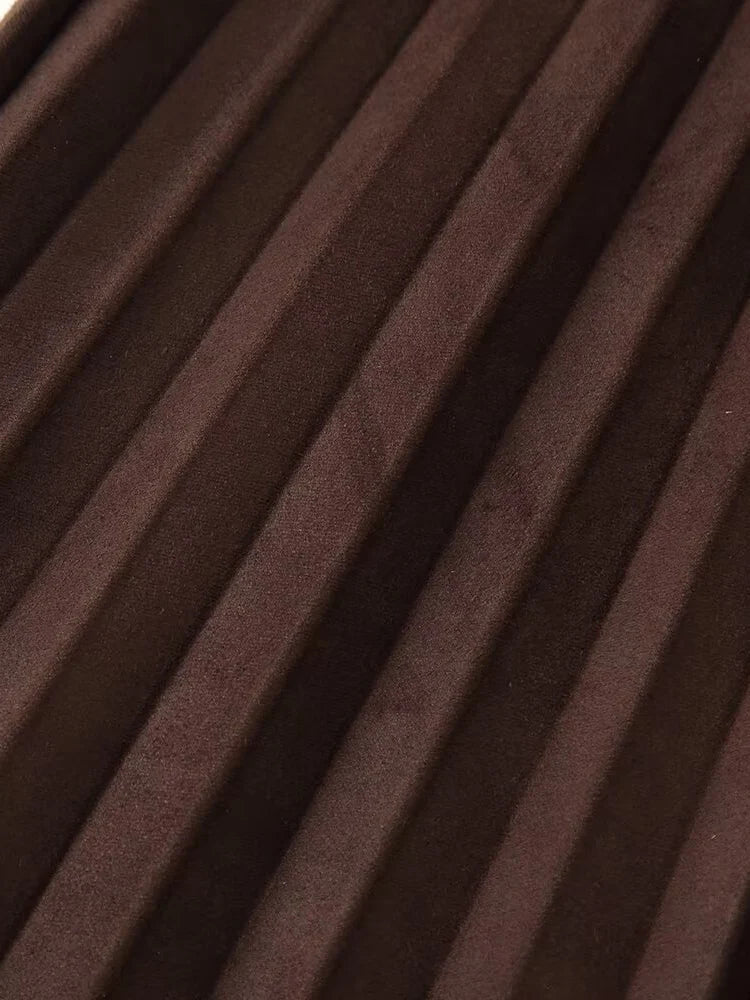 European and American style autumn new fashion trend casual simple women's matching belt suede effect pleated midi skirt.