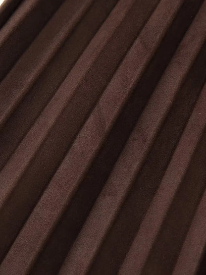 European and American style autumn new fashion trend casual simple women's matching belt suede effect pleated midi skirt.