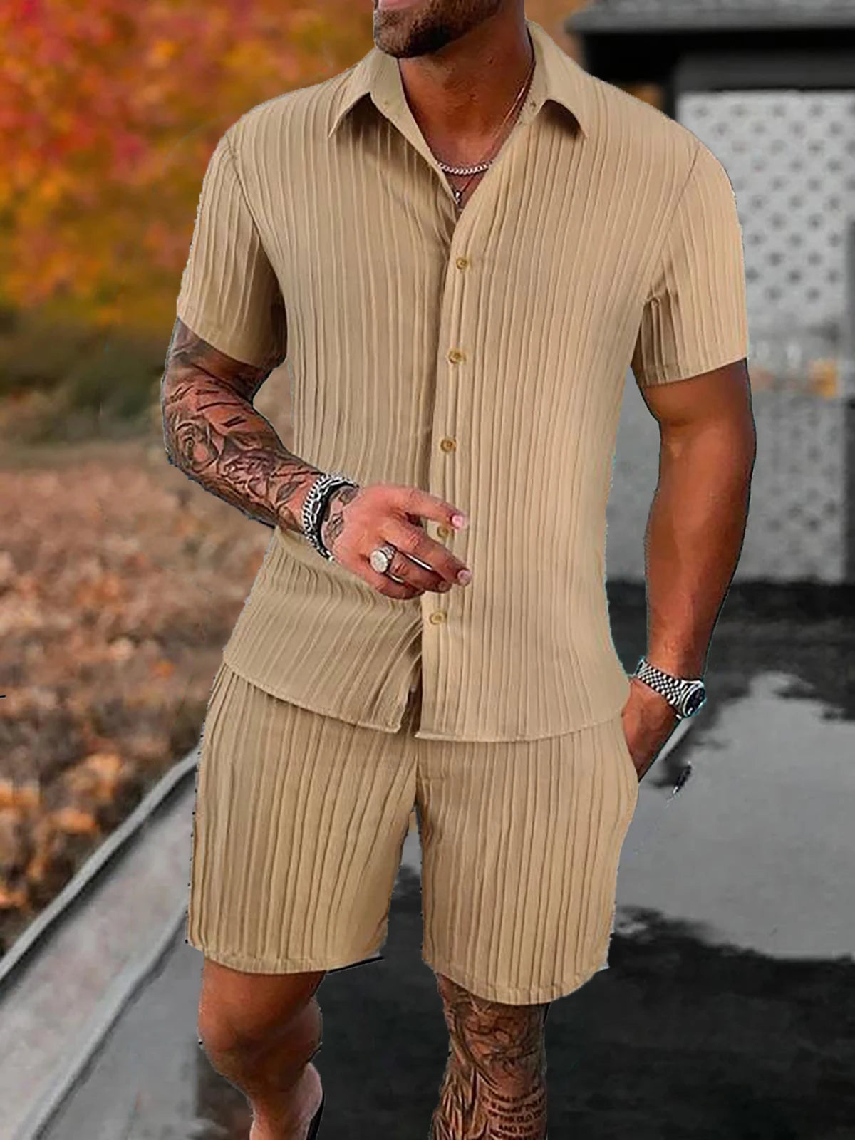Lazy Street Style Vertical Stripe Slimming Shirt Shorts Two-piece Set No Need To Pair With Autumn Men's Thin Knit Sports Suit