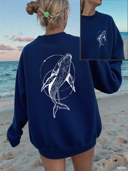 Humpback Whale Printing Sweatshirts Women Casual Crewneck Hoodies Winter Fleece Warm Pullover Loose Comfortable Womans Clothes.